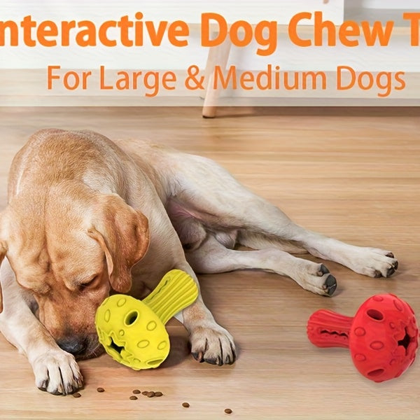 Treat Dispensing Dog Toy in Mushroom Shape, Beef-Scented Rubber Puzzle Chew for Medium and Large Dogs, 3.9 x 5.1 Inches in Red or Yellow