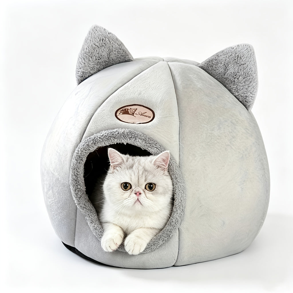 Cat Cave Bed with Cute Cat Ears for Indoor Cats and Kittens, Gray Enclosed Sleeping House with Rounded Entrance for Quiet Naps
