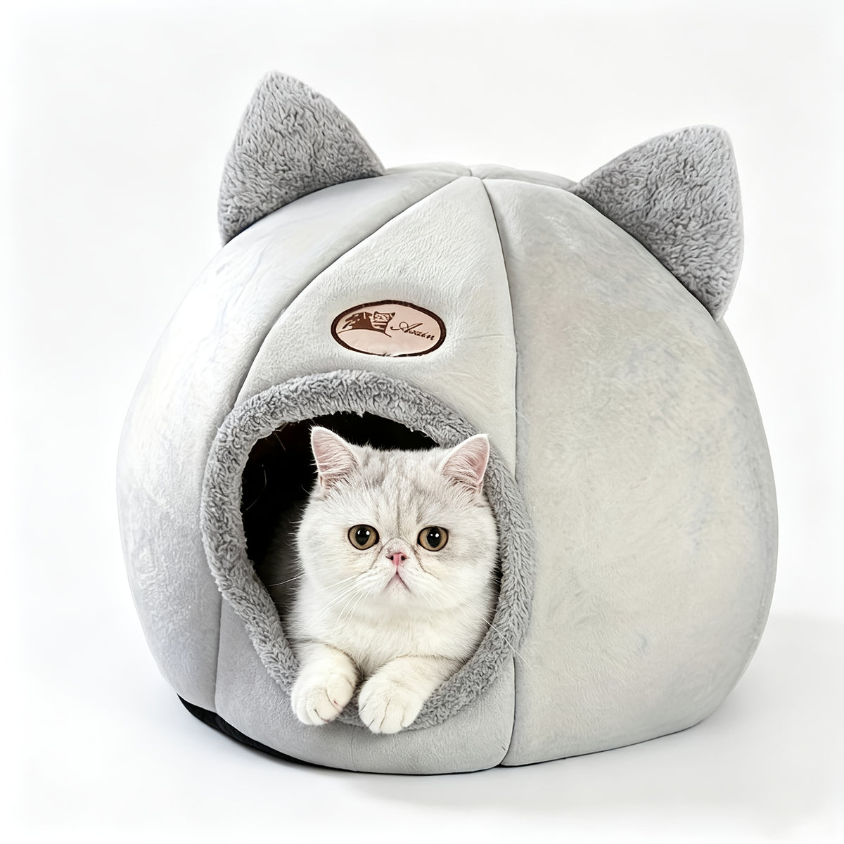 Cat Cave Bed with Cute Cat Ears for Indoor Cats and Kittens, Gray Enclosed Sleeping House with Rounded Entrance for Quiet Naps