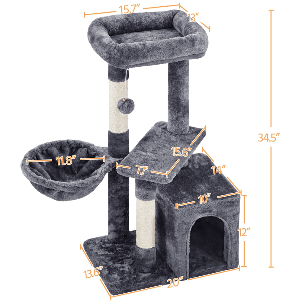 Cat Tree 34.5 Inch with Condo and Basket, Plush Indoor Cat Tower with Nest, Platform, Three Sisal Scratching Posts and Scratching Board in Five Colors