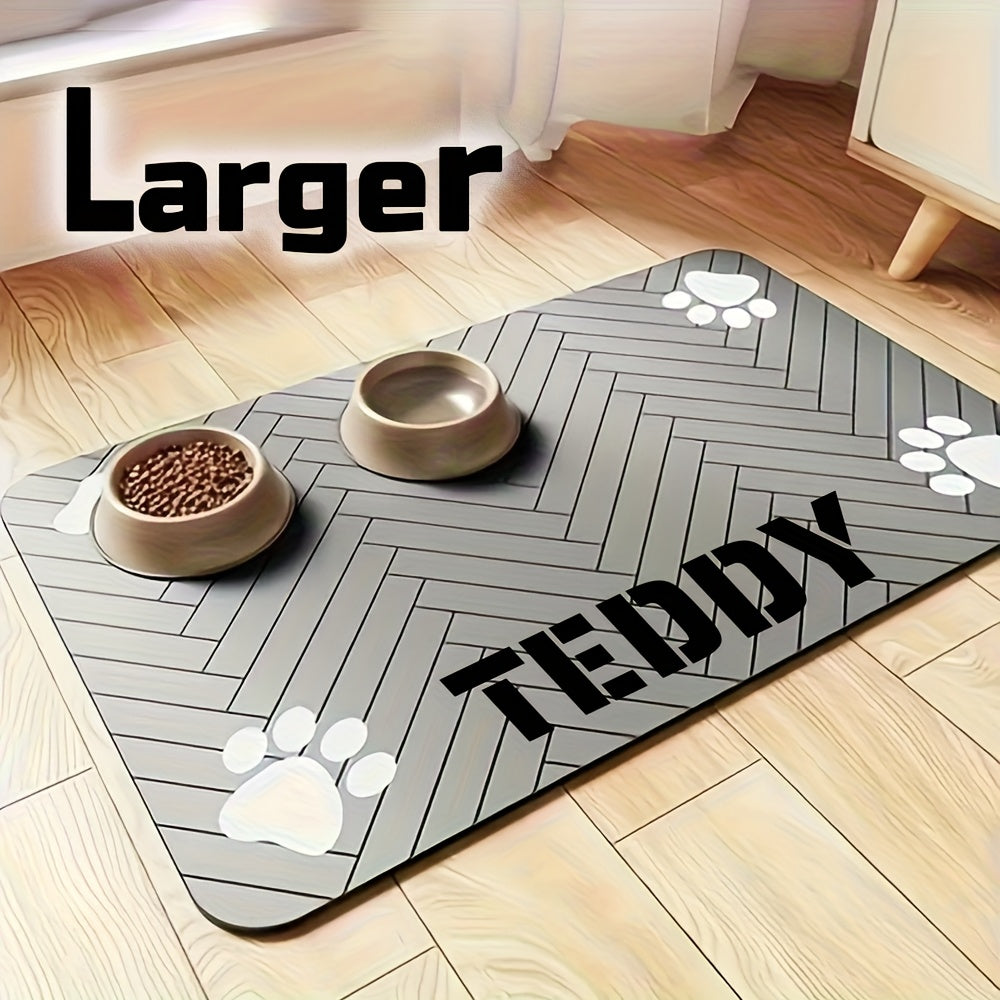 Paw Print Pet Feeding Mat, Light Gray 11.81 x 15.75 Inch Absorbent Non-Slip Bowl Pad with Herringbone Design for Dog and Cat Food and Water Stations