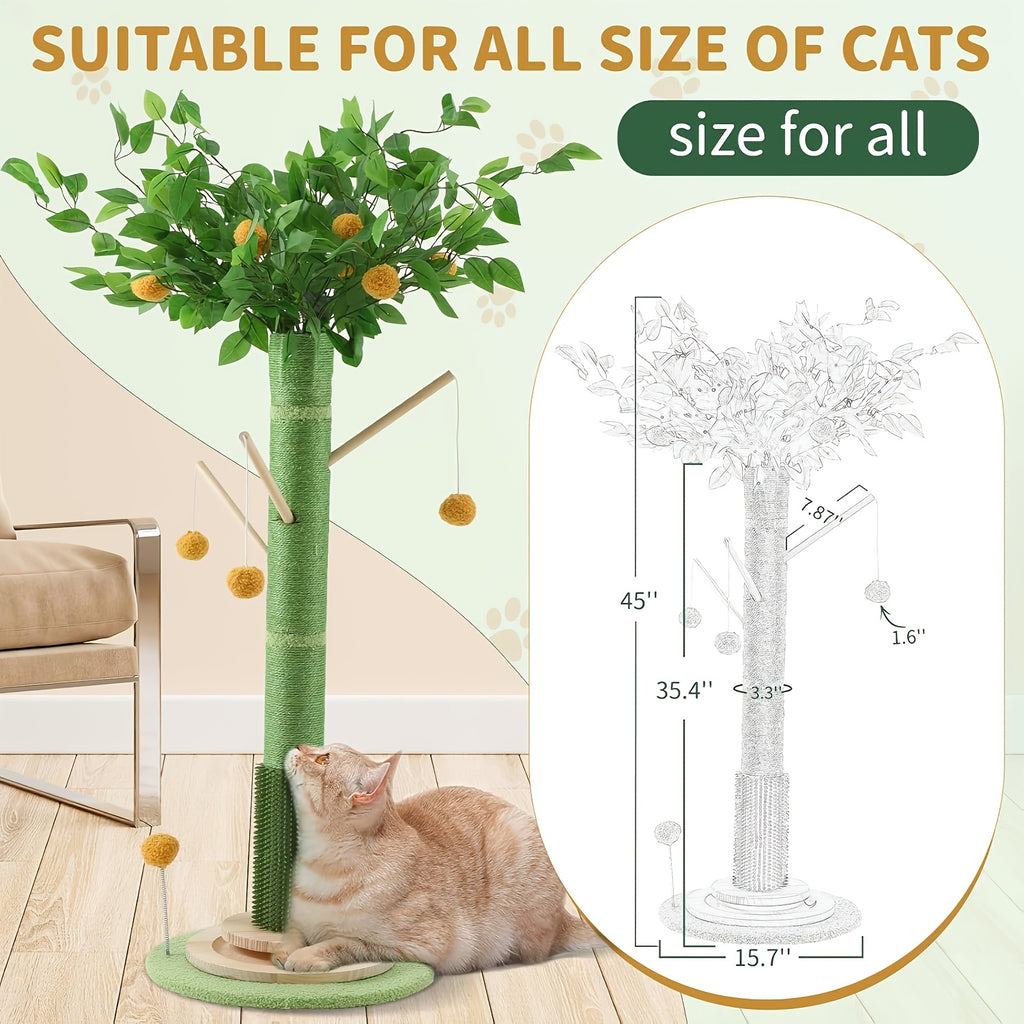 Orange Tree Cat Scratching Post with Detachable Teaser Wand, Green Tree and Orange Ball Cat Scratcher for Indoor Scratching and Interactive Play
