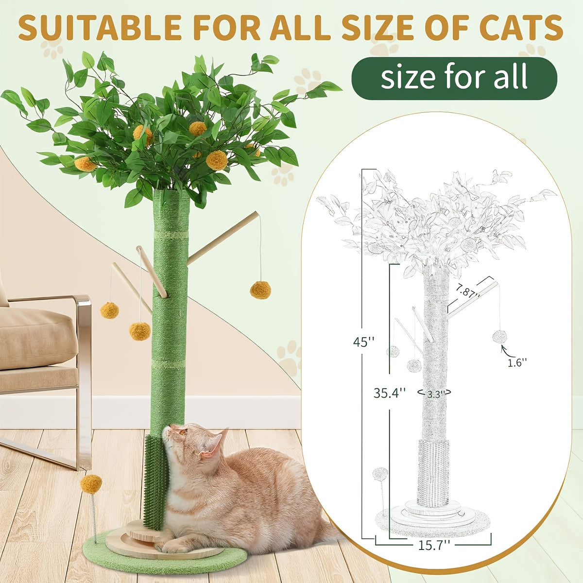 Orange Tree Cat Scratching Post with Detachable Teaser Wand, Green Tree and Orange Ball Cat Scratcher for Indoor Scratching and Interactive Play