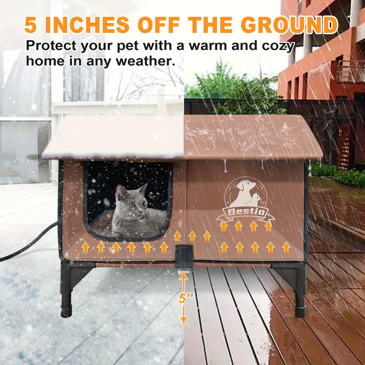 3-in-1 Heated Cat House with Detachable Heating Pad and Elevated Bed, Dual-Entry Cat Shelter in Brown, Camouflage and Roof Style Options