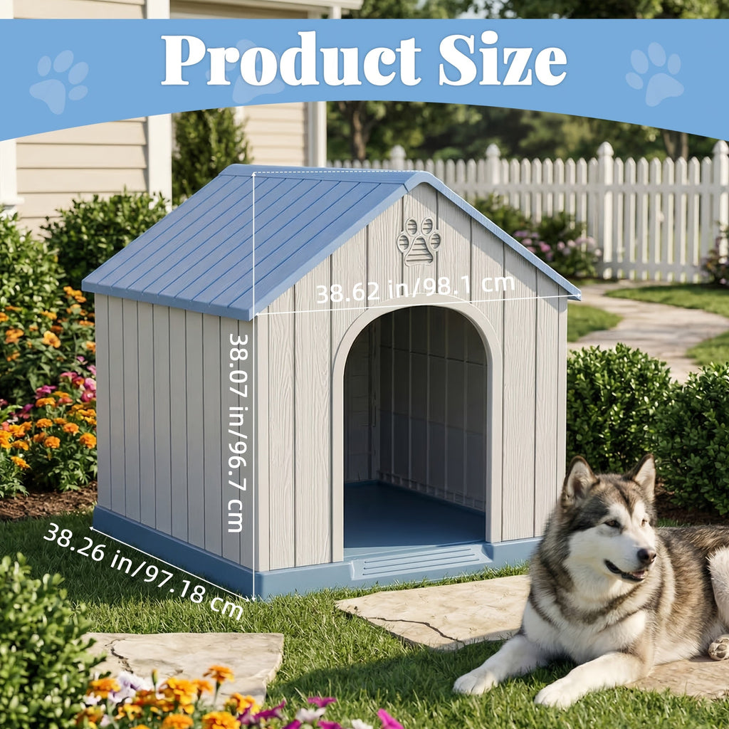 Outdoor Dog House 38 Inch in Blue, Resin Pet Shelter with Peaked Roof, Raised Floor and Decorative Cut-Outs for Indoor and Backyard Use