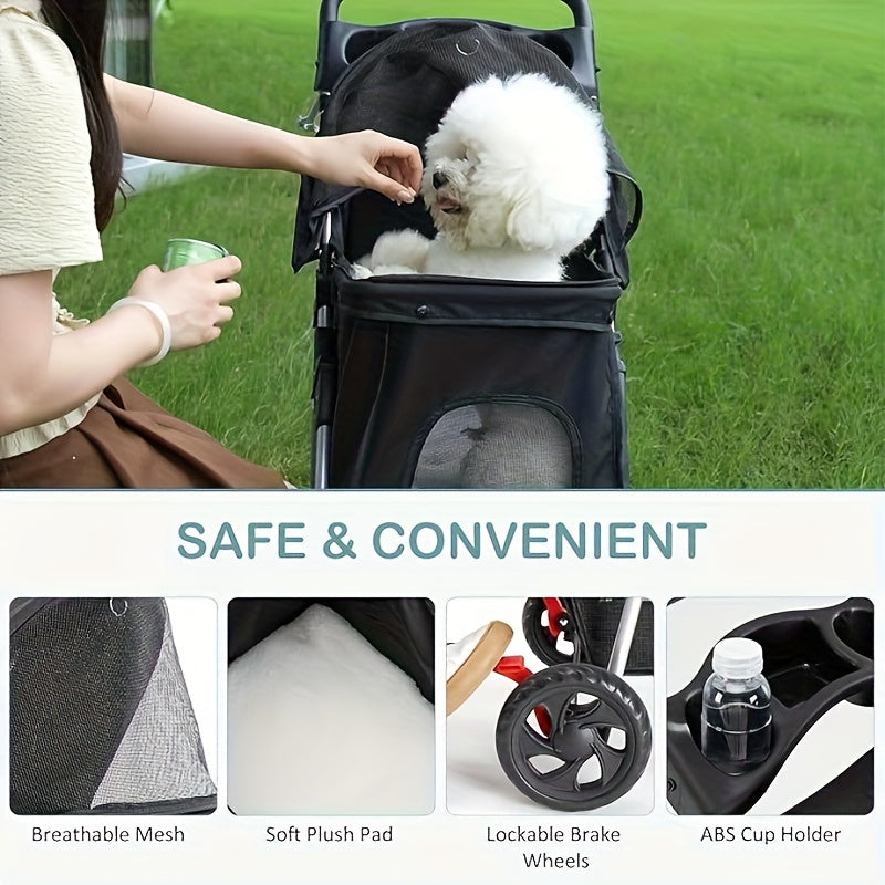 3-in-1 Pet Stroller in Black for Small and Medium Dogs and Cats, Lightweight Foldable Pushchair with Storage Basket and Cup Holder for Walks and Vet Visits