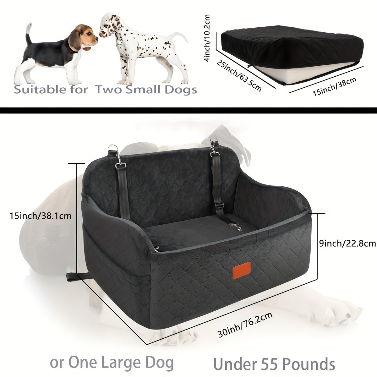Memory Foam Dog Car Seat with 26 x 15 Inch Interior, Washable Travel Bed with Non-Slip Bottom, Headrest Strap and Tether for Medium Dogs