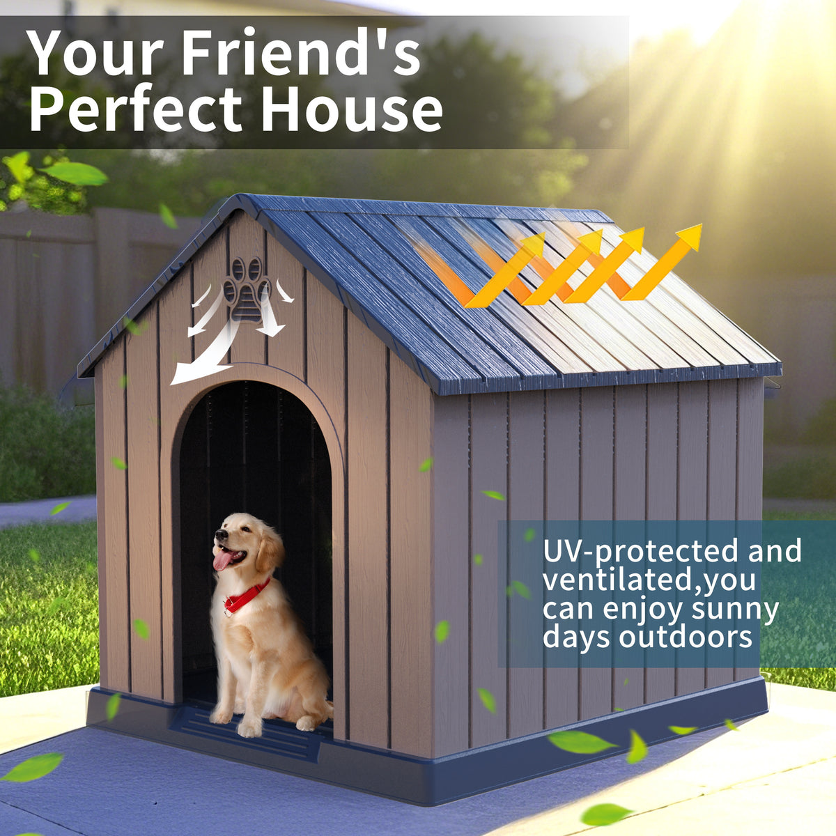 Outdoor Dog House 38 Inch in Blue, Resin Pet Shelter with Peaked Roof, Raised Floor and Decorative Cut-Outs for Indoor and Backyard Use