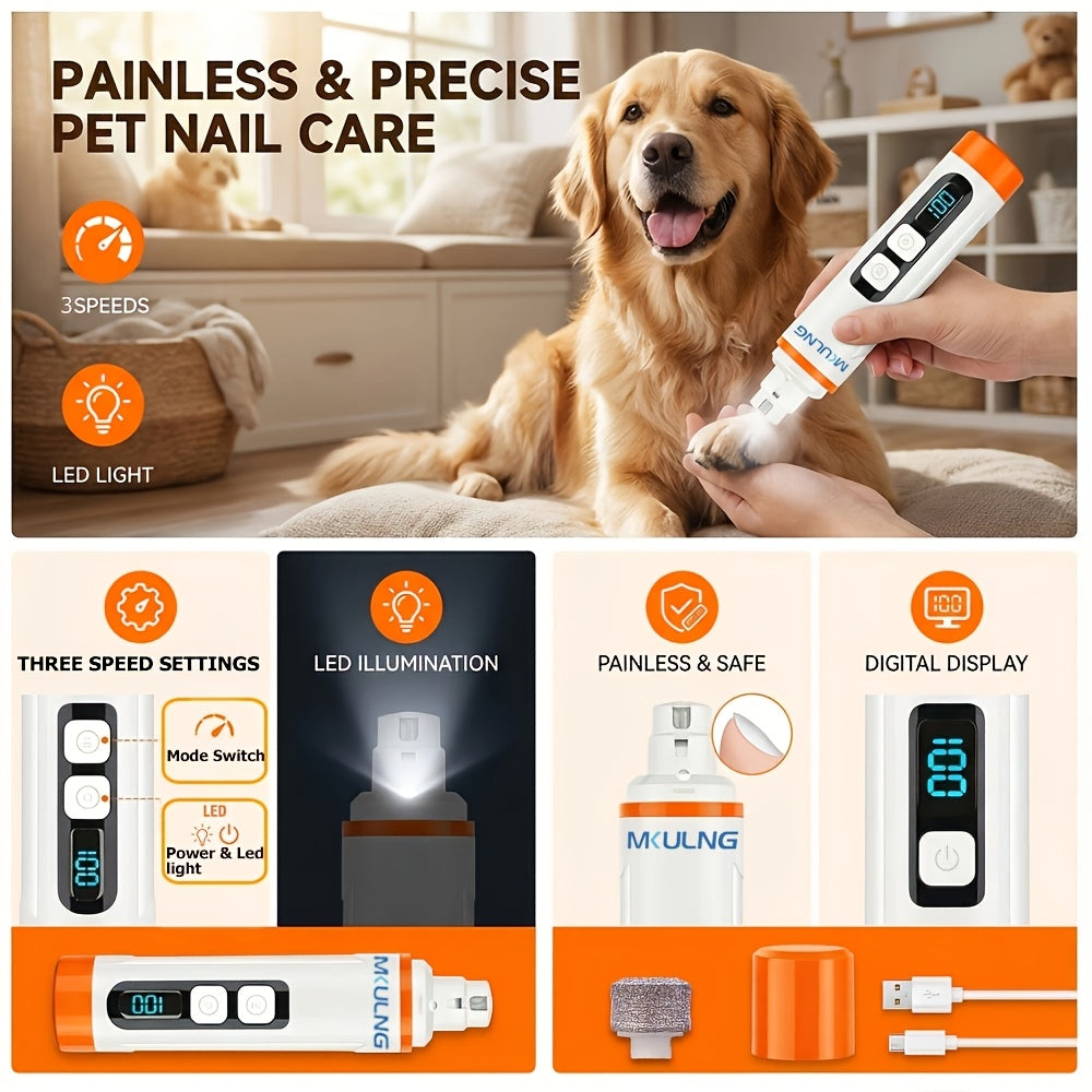 3-Speed Rechargeable Dog Nail Grinder with LED Light, Quiet Electric Pet Nail File for At-Home Paw Grooming with Model-Specific Grinding Head Options