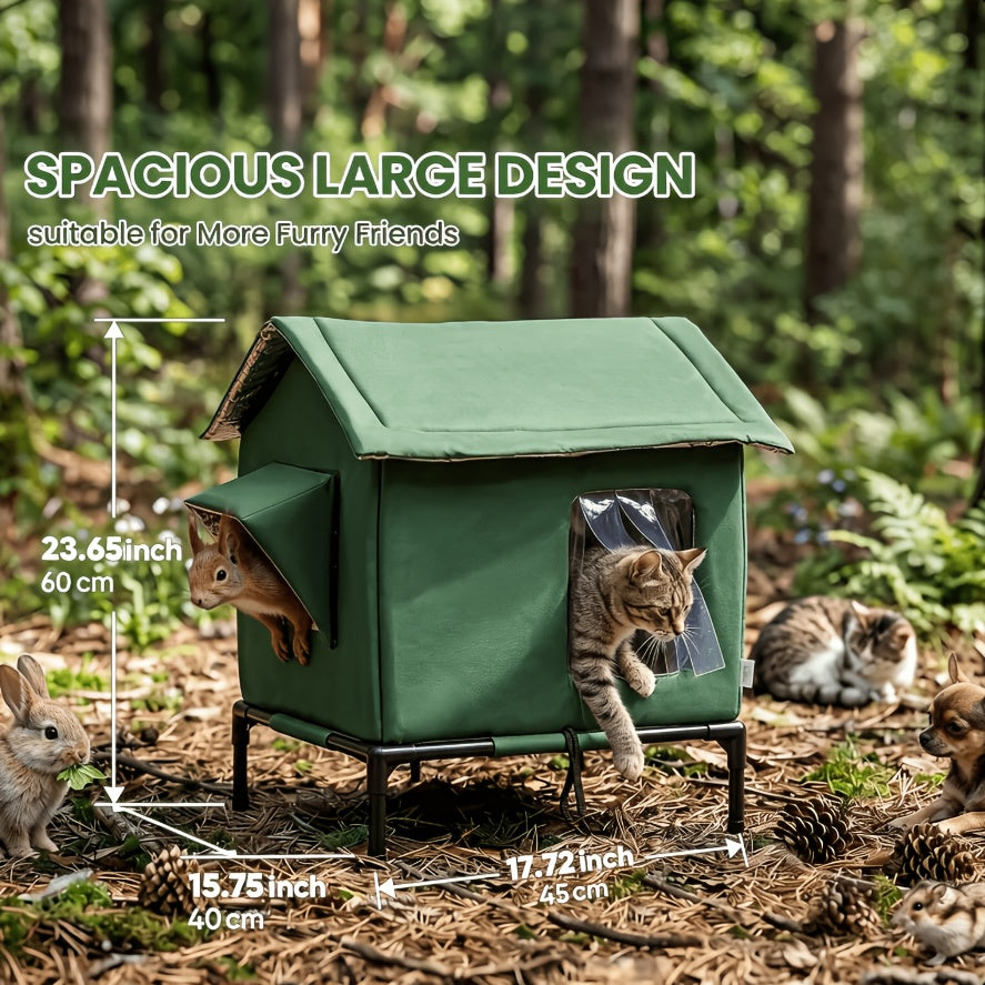 Insulated Outdoor Cat House, Weatherproof Shelter for Stray & Feral Cats, Army Green 17.7 x 15.7 x 21.6 in for Yard, Porch & Garage