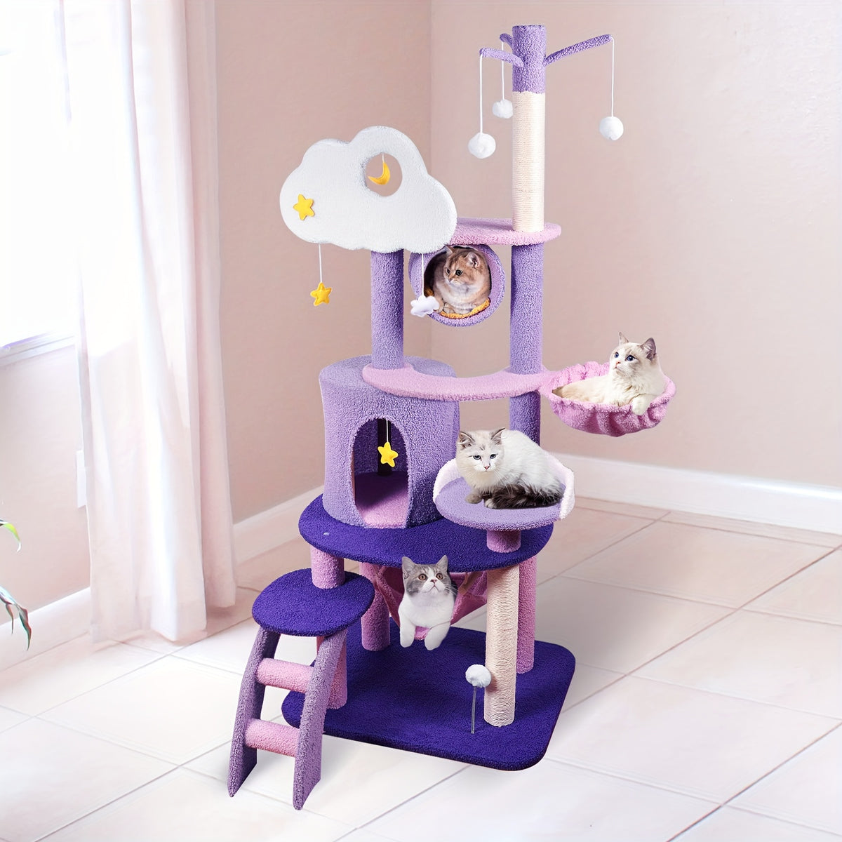 Moon and Star Cat Tree, 65 Inch Purple and Pink Indoor Cat Tower with Hammock, Condo, Sisal Scratching Post and Ladder for Climbing and Rest