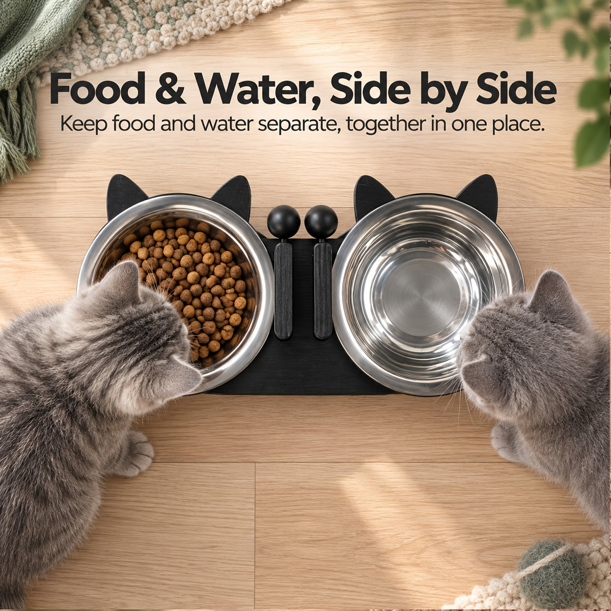 Double Cat Bowl Stand with Two Stainless Steel Dishes, 15 Degree Tilted Adjustable Black Wooden Feeder for Cat and Small Dog Food and Water