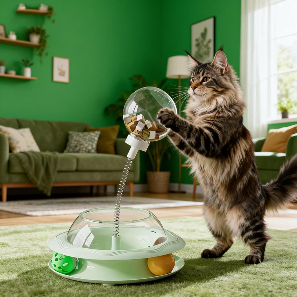 Rotating Cat Toy Wheel, Battery-Free Interactive Plastic Play Toy for Cats and Kittens, Pink or Green with Optional Teasing Feathers