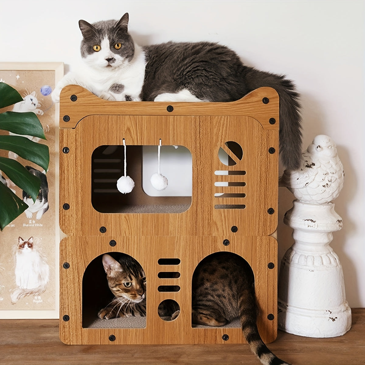 Three-Level Cat House with Dual Scratching Boards, Plush Balls and Ventilation Doors, Multi-Feature Cat Condo for Resting, Scratching and Play