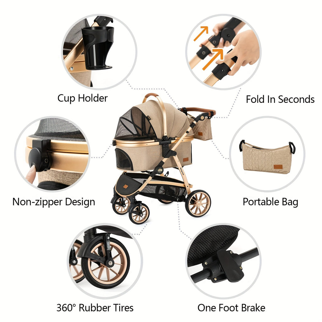 Dog Stroller with Detachable Carrier, Foldable Aluminum Pet Pushchair with No-Zip Entry, Rubber Wheels and Washable Liner for Small Dogs and Cats