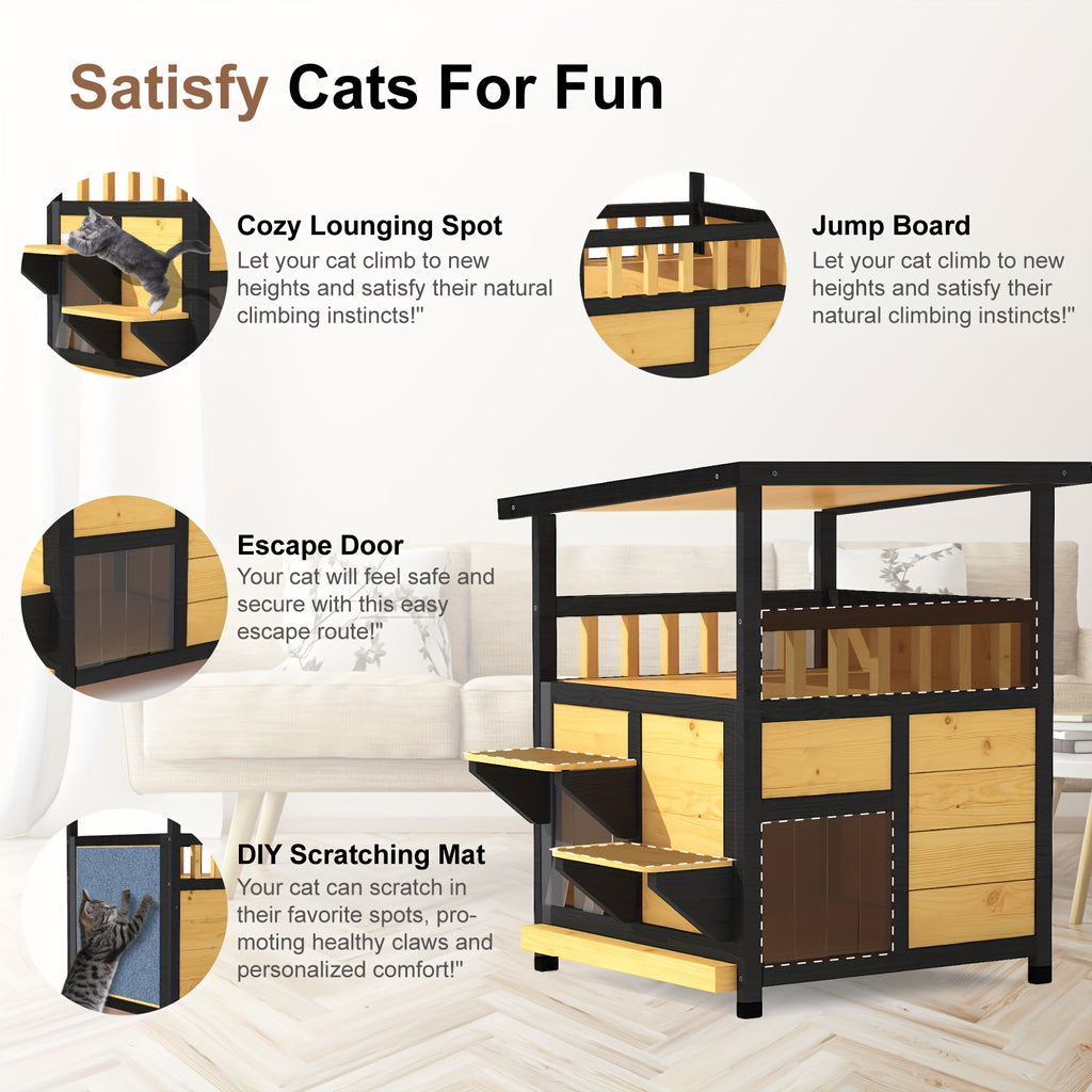 Two-Story Wooden Cat House in Yellow and Black, Indoor Pet Shelter and Apartment for Everyday Rest, Listed for Small and Medium Pets