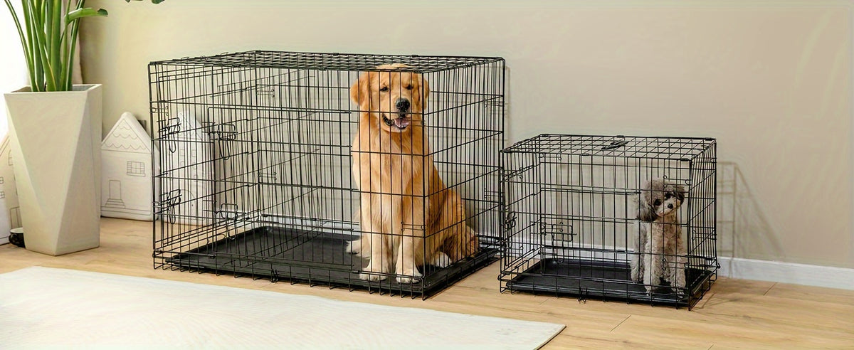 Double Door Dog Crate with Divider Panel, Folding Metal Wire Pet Kennel with Leak-Proof Plastic Tray in 24.41 or 30.31 Inch Sizes