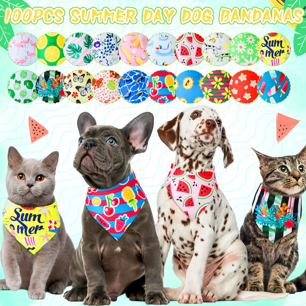 Summer Dog Bandanas 100-Pack with Flower and Lemon Themes, Adjustable Triangle Pet Scarves for Small and Medium Dogs, Puppies and Cats