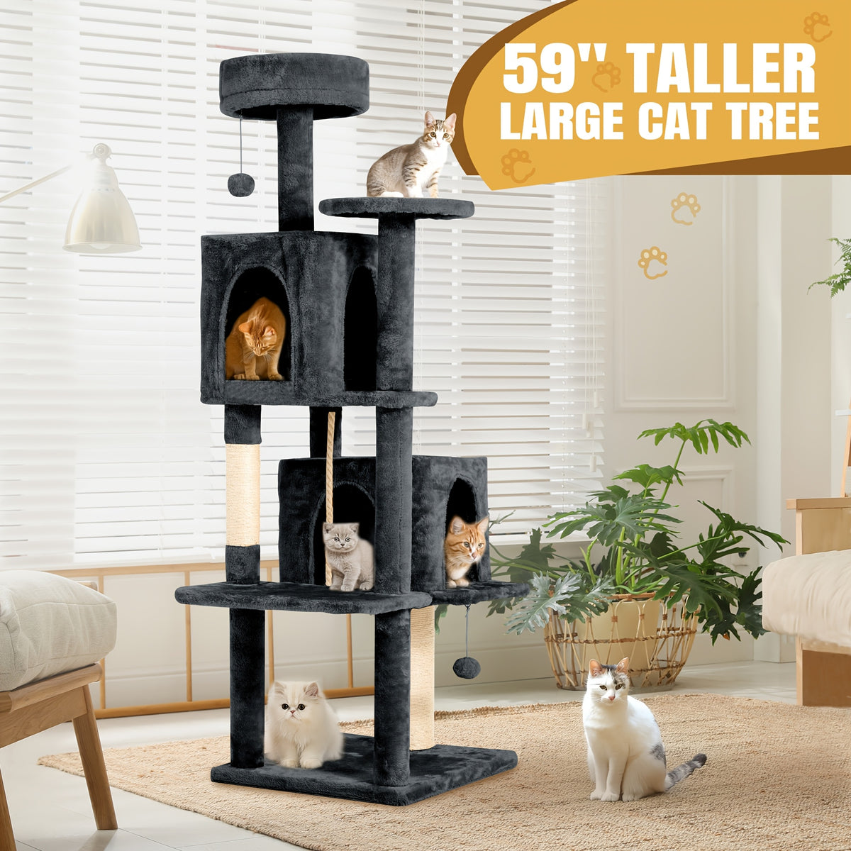 Cat Tower for Indoor Cats 59 Inch, Multi-Level Cat Tree with 2 Condos, Round Top Perch, Sisal Scratching Posts and Hanging Ball Toy, Plush Cat Furniture in 5 Colors