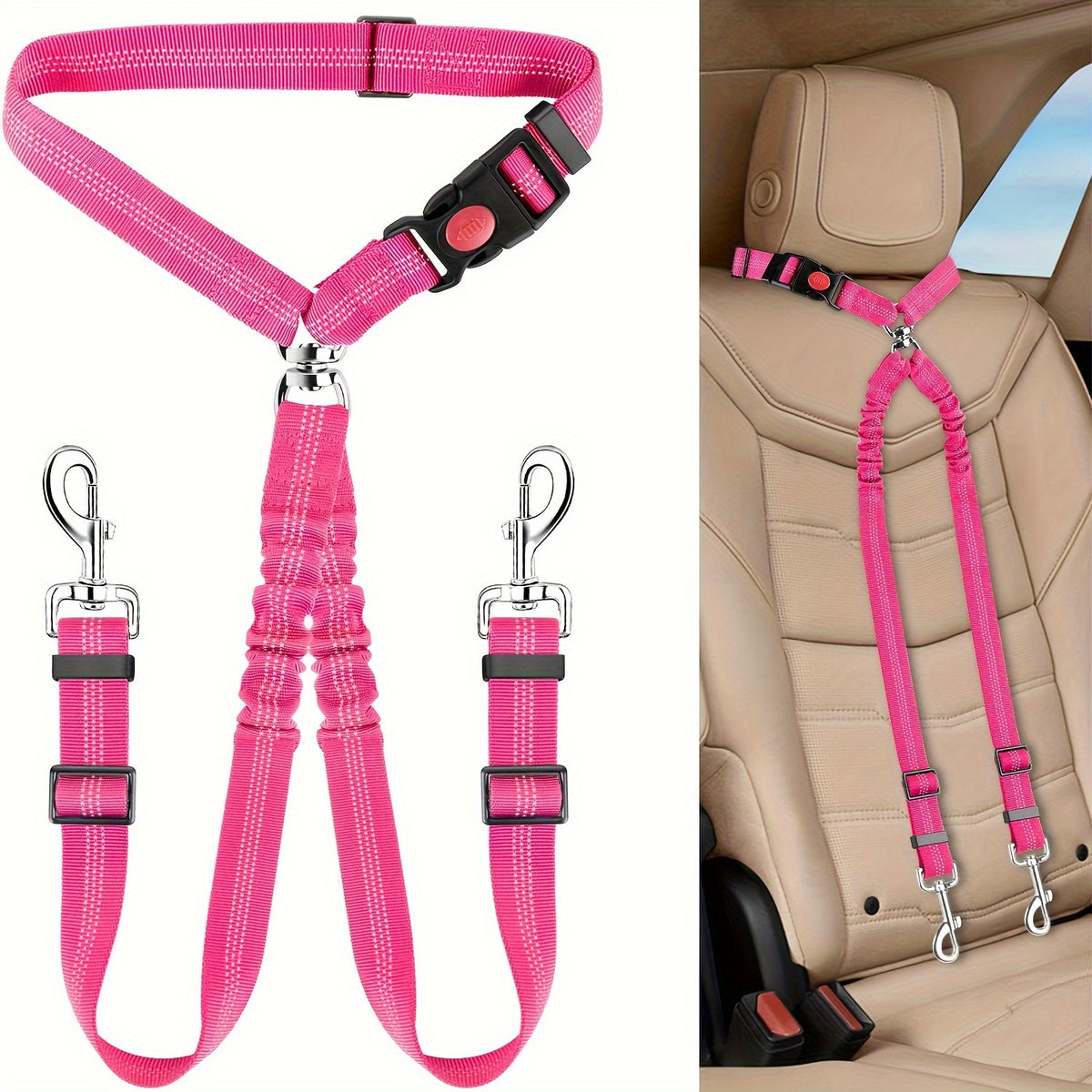 Dual Dog Car Seat Belt with Adjustable Headrest Loop, Two Bungee Tether Straps and Metal Clips for Two-Dog Travel in Red, Rose Red or Black
