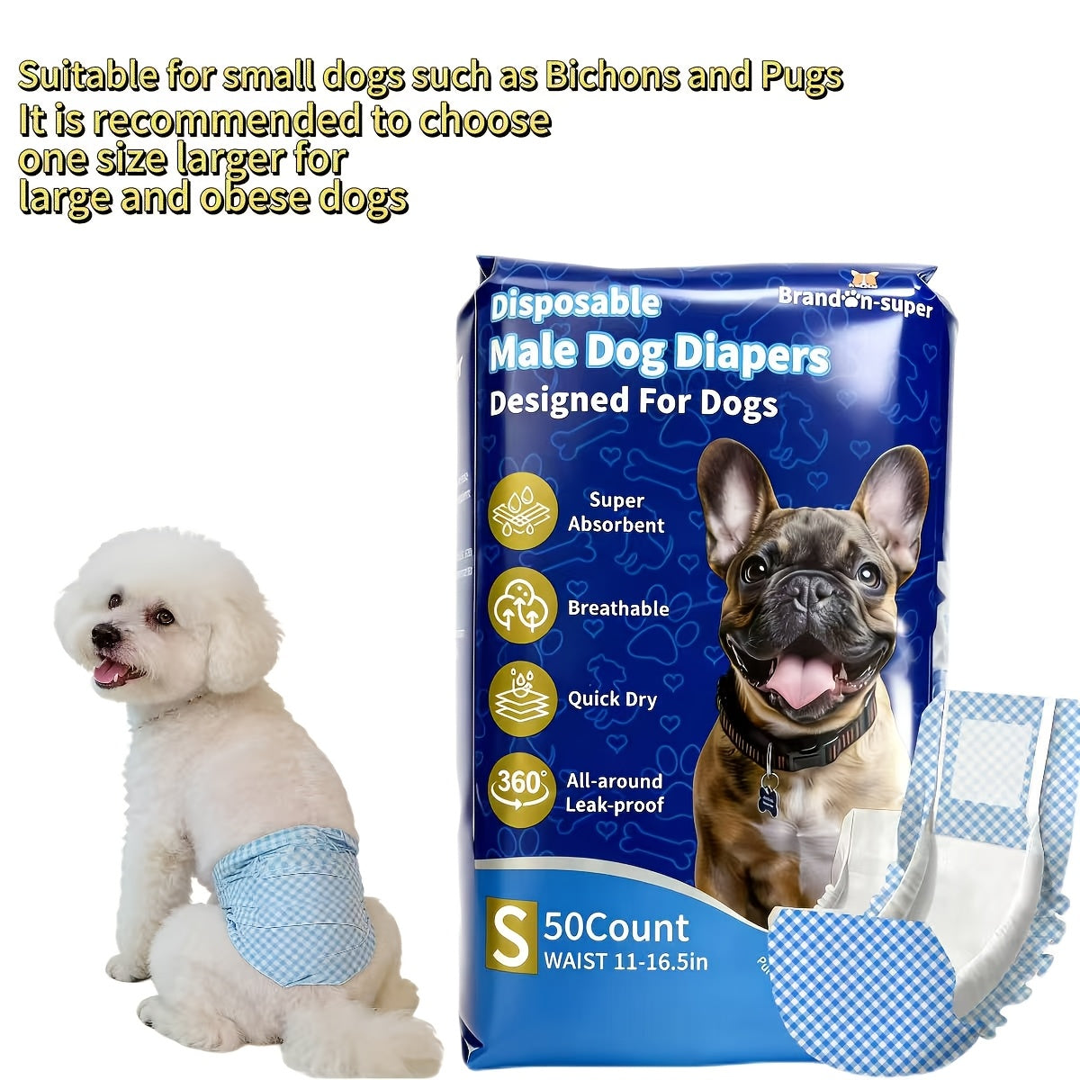 Absorbent Disposable Dog Diapers 50 Pack, Male and Female Style Options in XS to L for Puppies, Senior Dogs and Everyday Accident Care