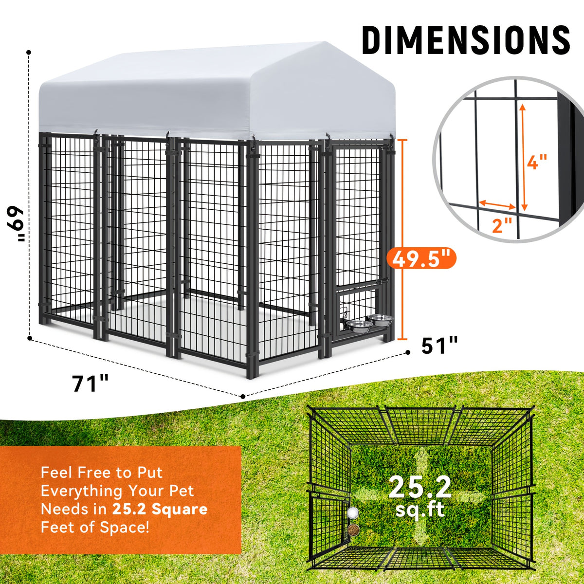 Large Dog Outdoor Kennel with UV-Resistant Roof Cover, Welded Wire Steel Enclosure with Secure Lock in 4, 6 or 8 Foot Lengths