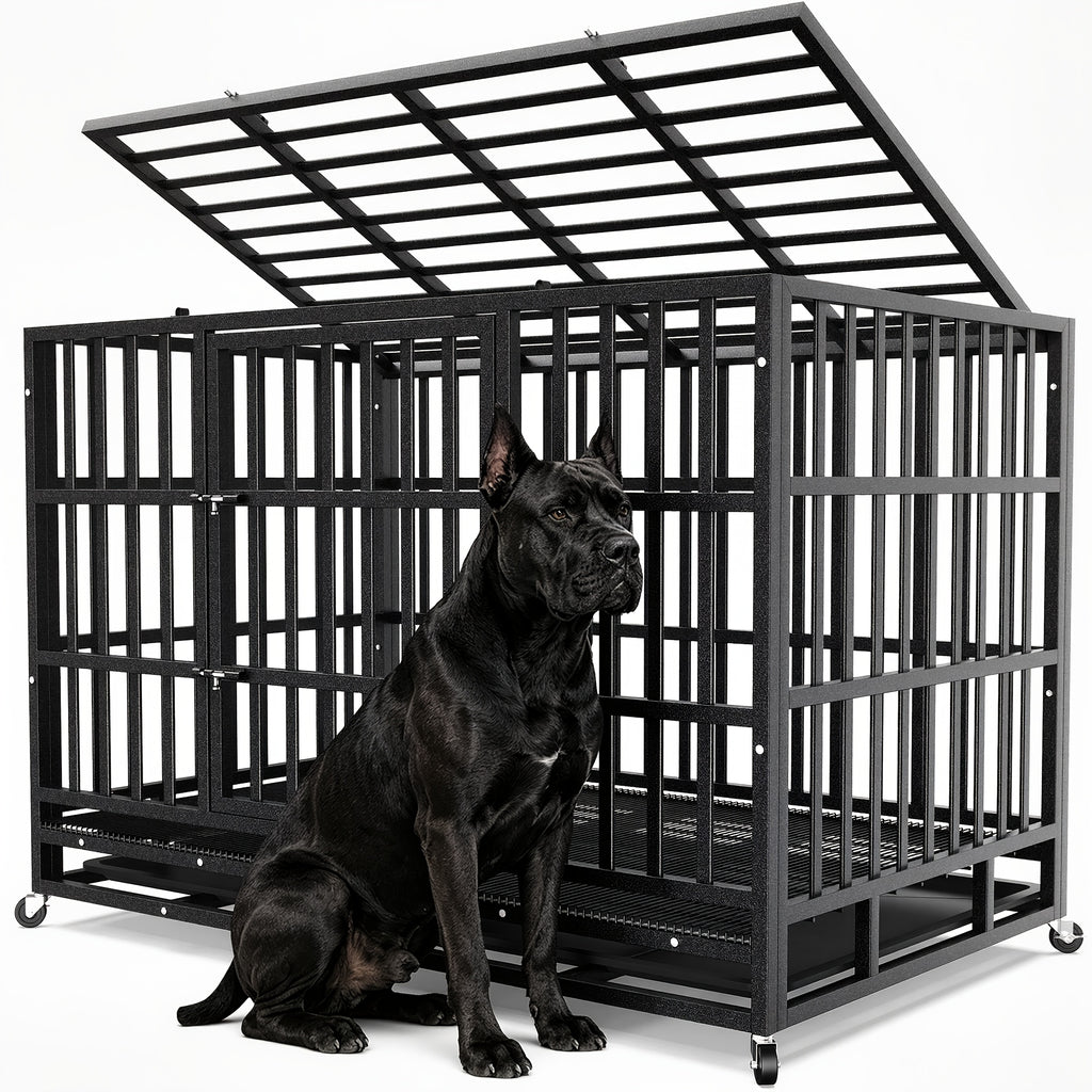 Heavy Duty Dog Crate with Top Opening, Black Steel Kennel in 42 or 48 Inch Models with Front Door, Lockable Wheels and Removable Cleaning Tray