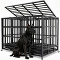 Heavy Duty Dog Crate with Top Opening, Black Steel Kennel in 42 or 48 Inch Models with Front Door, Lockable Wheels and Removable Cleaning Tray