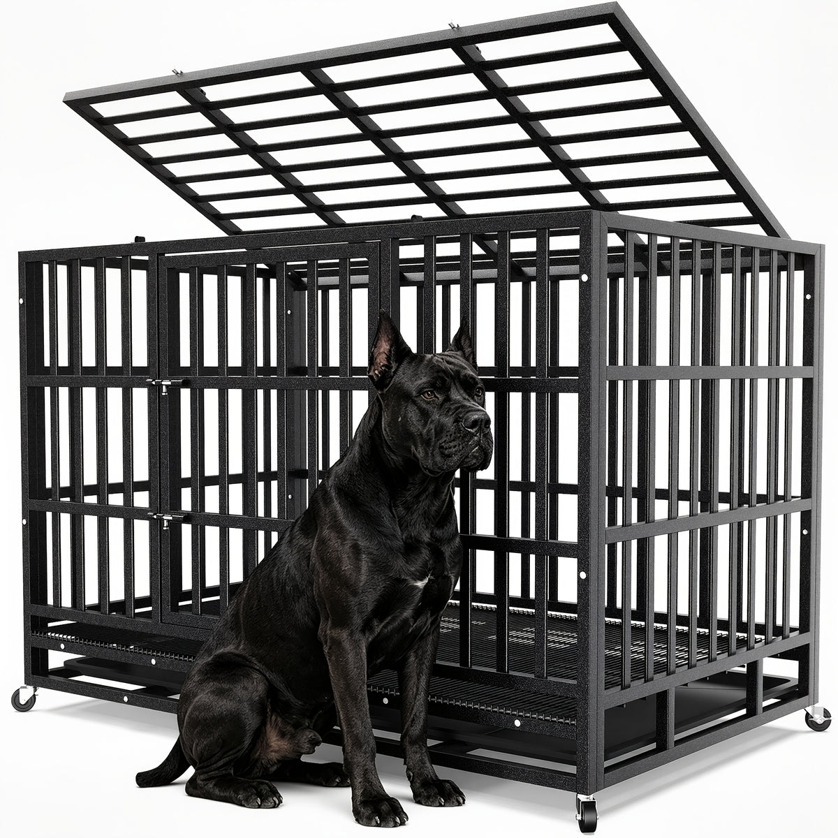 Heavy Duty Dog Crate with Top Opening, Black Steel Kennel in 42 or 48 Inch Models with Front Door, Lockable Wheels and Removable Cleaning Tray