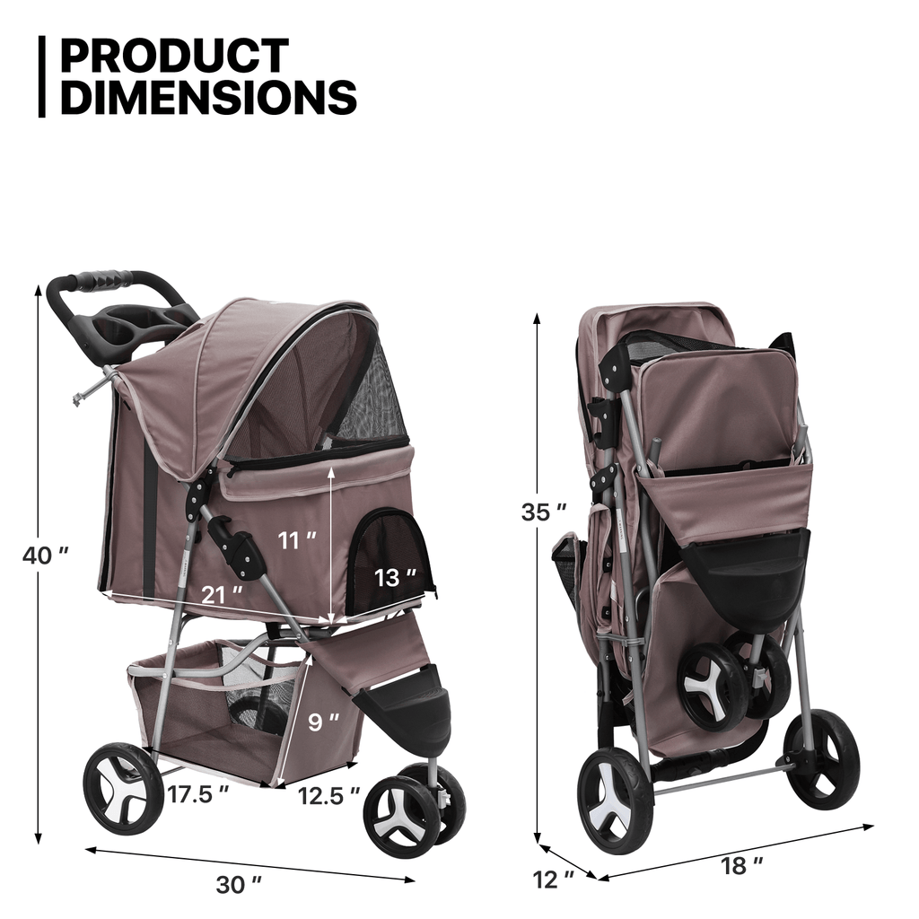 Foldable Dog Stroller for Small Dogs and Cats, 3-Wheel Pet Pushchair with Weather Cover, Breathable Mesh, Storage Basket and Cup Holder