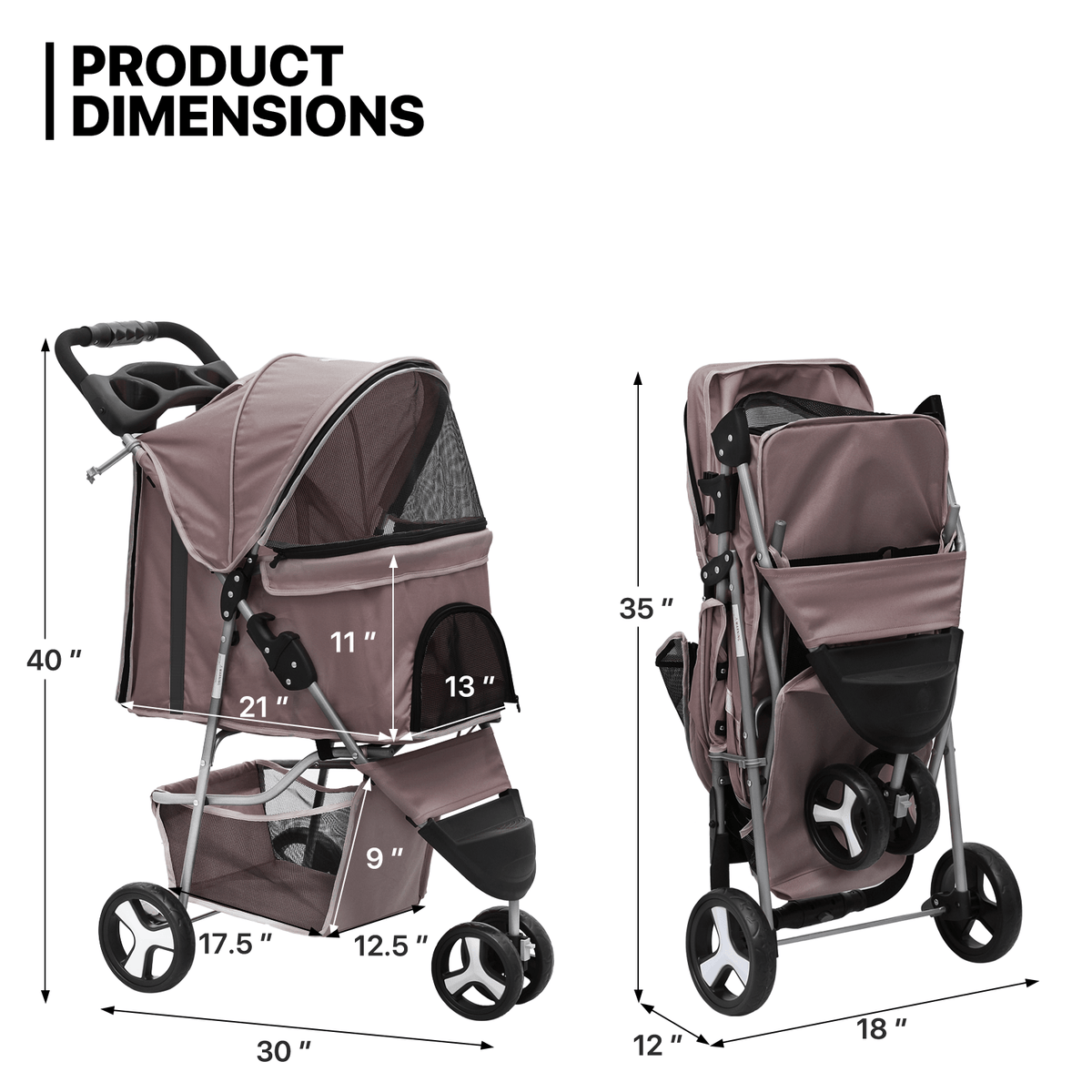 Foldable Dog Stroller for Small Dogs and Cats, 3-Wheel Pet Pushchair with Weather Cover, Breathable Mesh, Storage Basket and Cup Holder