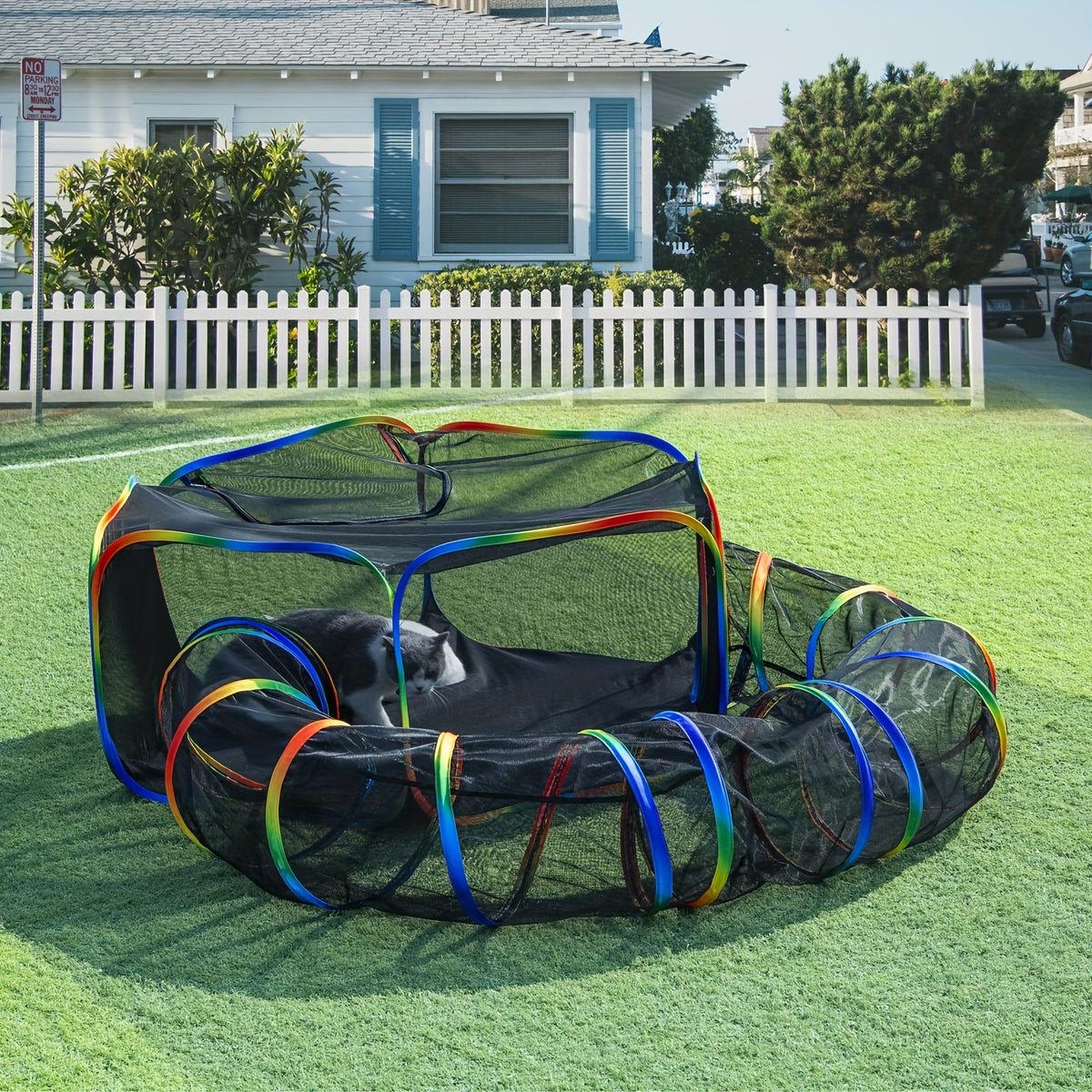 Cat Tent and Tunnel Set, Rainbow Portable Outdoor Cat Playpen with Circle Tunnel for Supervised Backyard Exploration and Everyday Play