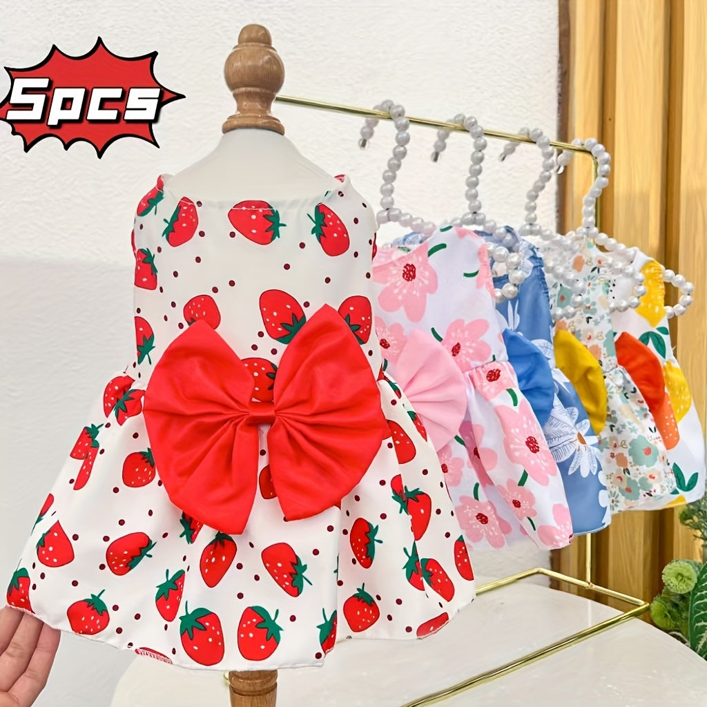 Small Dog Dress Set, 5-Style Floral and Bow Princess Puppy Clothes for Summer Dress-Up, Birthday Photos and Pet Parties, Pink XS–XXL