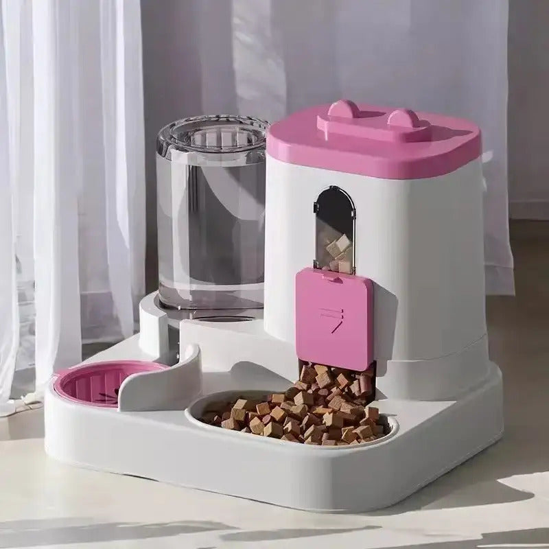 Pet Feeder and Water Dispenser Combo with Cat-Ear Lid, Visible Dry Food Window and Siphon Water Bottle for Cats and Small Dogs, Three Color Options