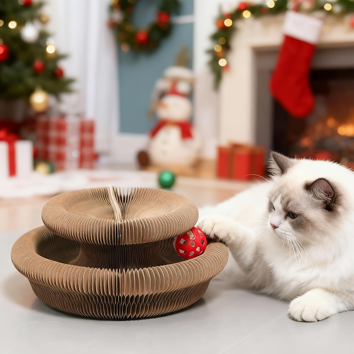 Expandable Cat Scratcher Toy 2-Pack, Curly Corrugated Cardboard Scratching Board with Ball for Indoor Cats, Retractable Scratch Pad for Daily Play