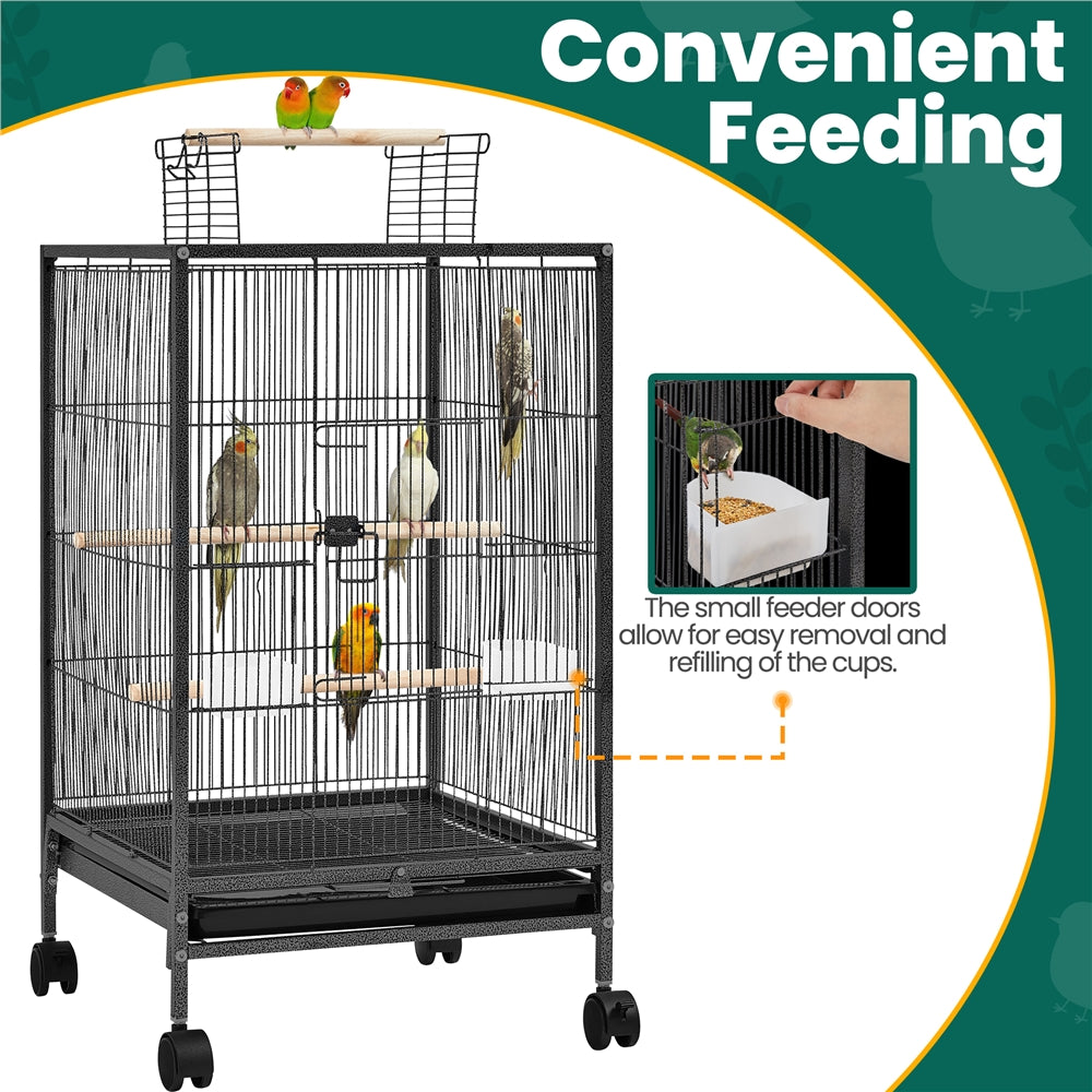Bird Cage with Rolling Stand, 31-Inch Black Wrought Iron Open-Top Small Bird Habitat with Two Feeders, Three Perches and Slide-Out Tray