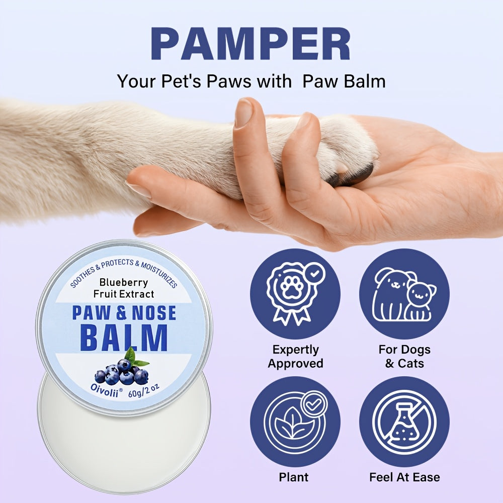 Dog Paw Balm with Blueberry, 60g Paw and Nose Moisturizer for Dogs and Cats, Daily Pet Grooming Wax for Dry Pads and Nose Care