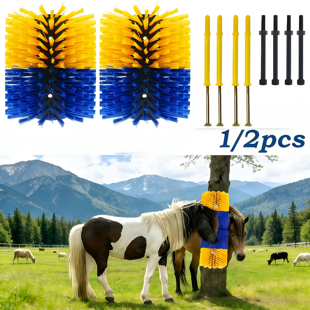 Livestock Scratch Brush 2-Pack or Single, Wall-Mount Grooming and Massage Scratcher with Screws for Horses, Cows, Goats, Sheep and Pigs, Itch Relief for Farm and Ranch