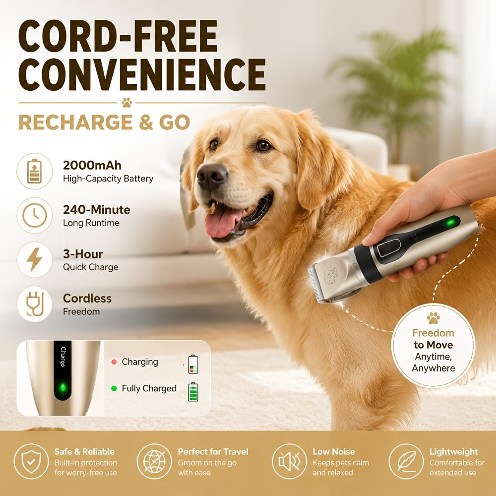 Electric Dog Grooming Clippers, Low-Noise USB Rechargeable Pet Hair Trimmer for Dogs and Cats, Golden or Red with 12-Piece Set Options