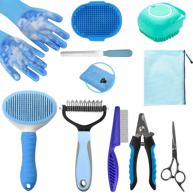 Pet Grooming Kit with Deshedding Gloves, 11-Piece Pink Set Including Brushes, Scissors and a Towel for Everyday At-Home Coat Care