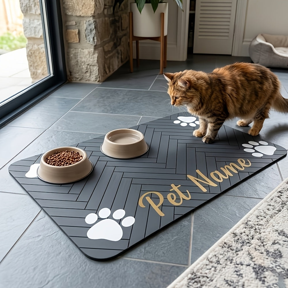 Personalized Pet Feeding Mat with Custom Name or Text, Non-Slip Absorbent Paw Print Bowl Mat for Indoor Dog and Cat Food Stations, Three Size Options