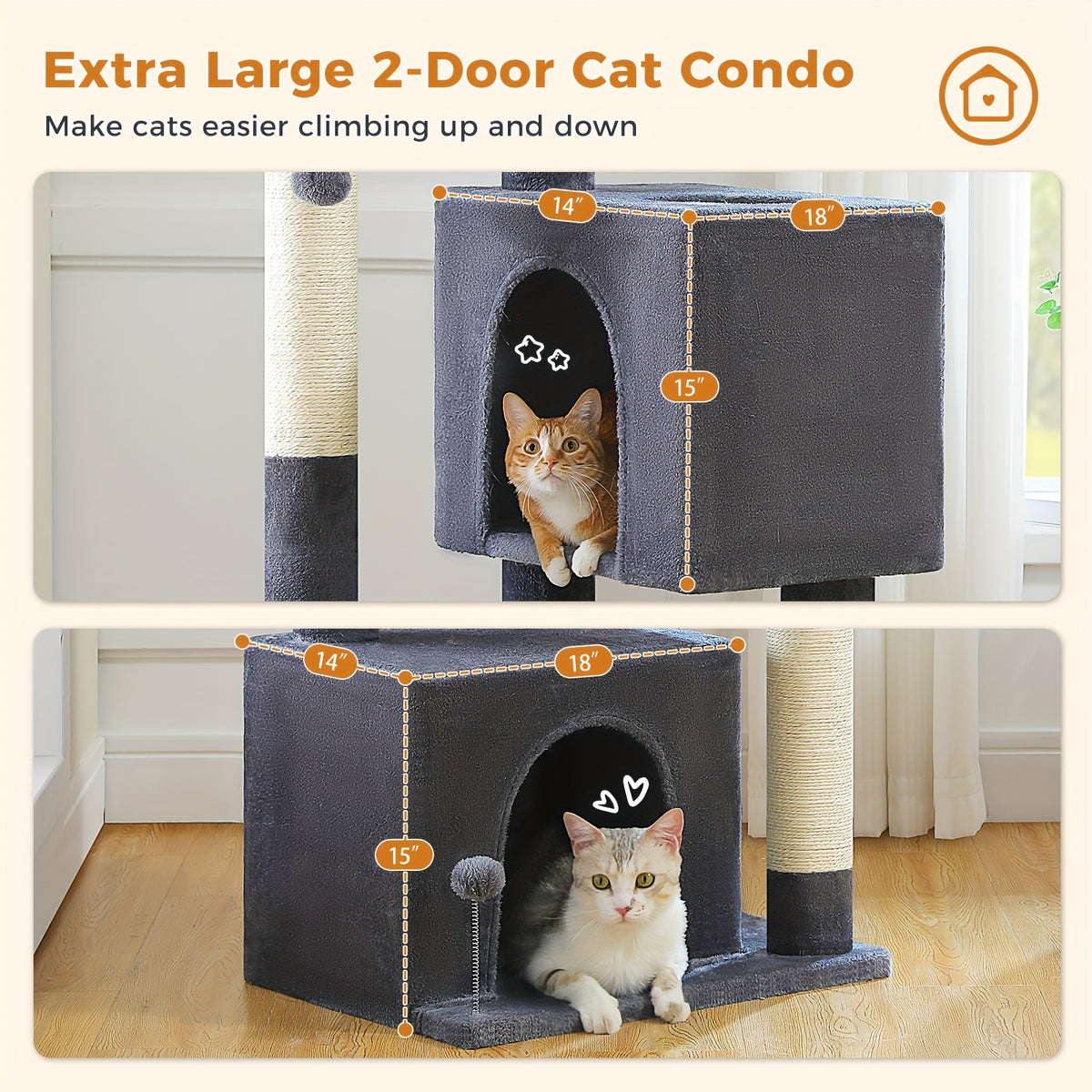 Cat Tree with Two Spacious Condos, 31.5 or 44 Inch Indoor Cat Tower with Washable Top Perch, 3.4 Inch Thick Scratching Posts and Two Play Toys