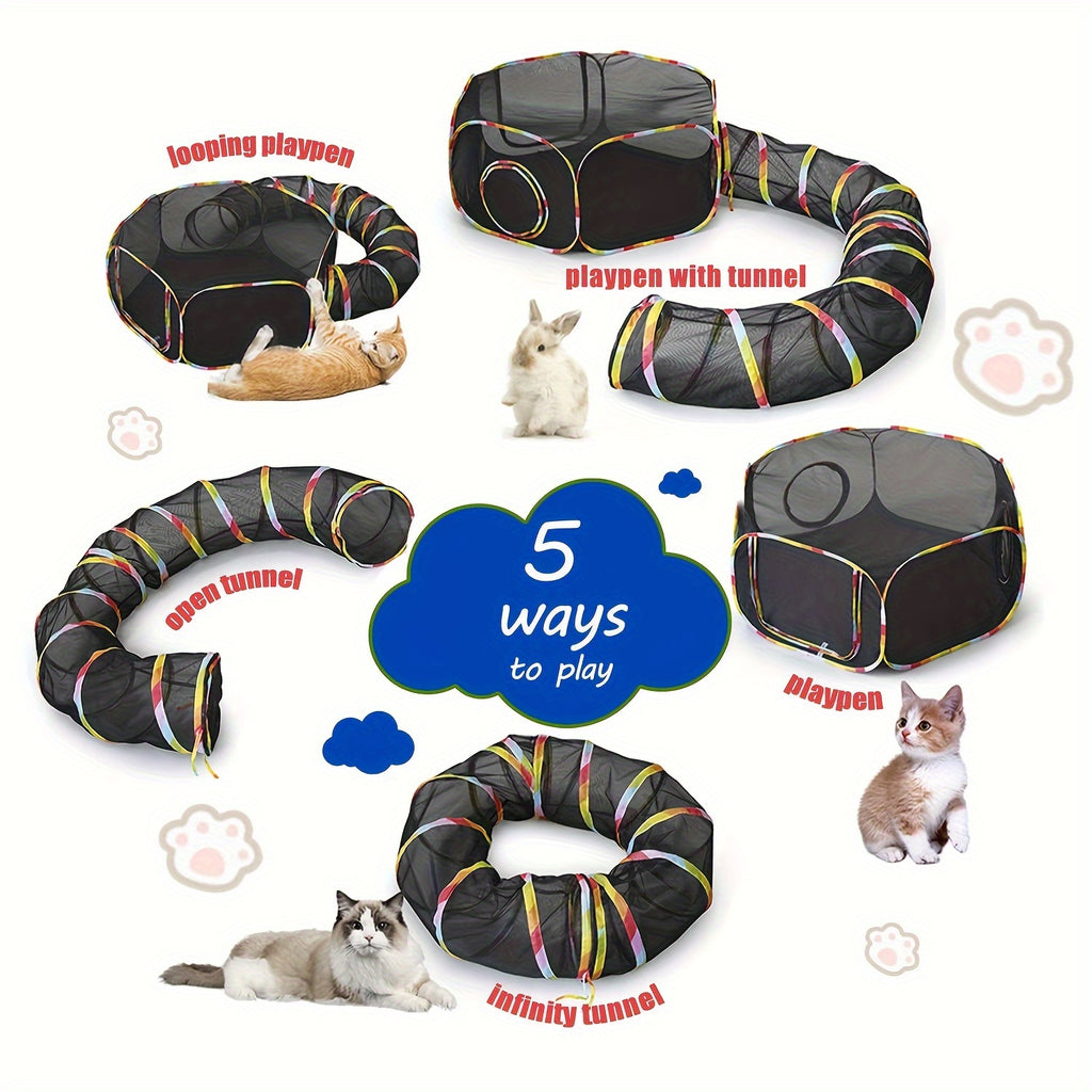 Portable Cat Catio with Circle Tunnel, Rainbow Mesh Tent and Playpen for Indoor Cats and Kittens, Supervised Backyard Exploration with Storage Bag