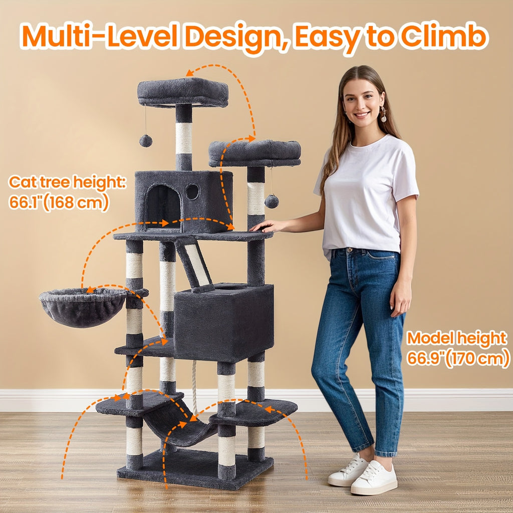 Cat Tree 66.1 Inch with 13 Scratching Posts, Five-Level Indoor Tower with Two Caves, Padded Perches, Basket, Hammock and Scratching Ramp