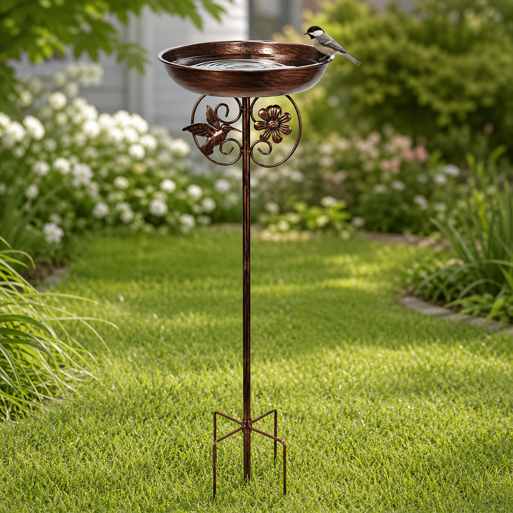 Sunflower Metal Bird Bath and Feeder with 5-Prong Ground Stake, Bronze Garden Basin with Hummingbird Accent, Single or Double-Layer Options, No Fountain