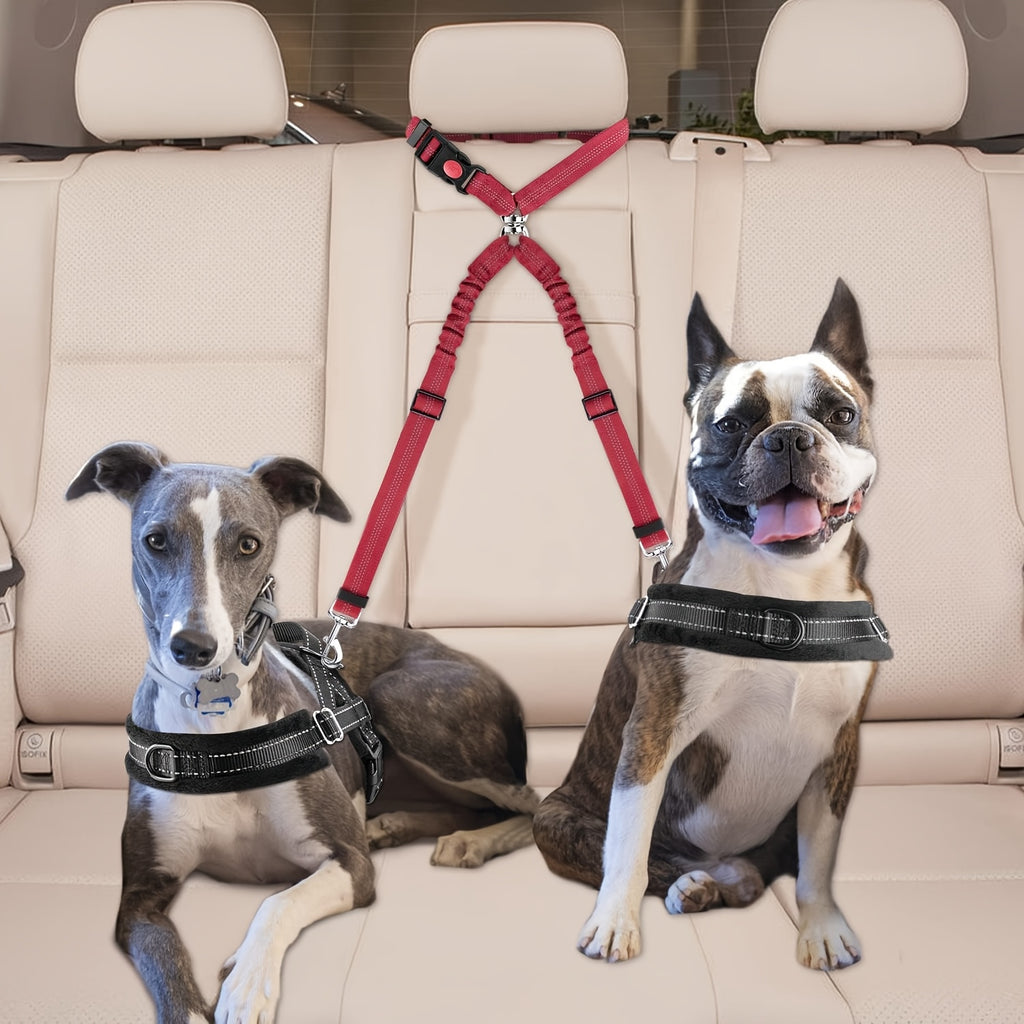 Dual Dog Car Seat Belt with Adjustable Headrest Loop, Two Bungee Tether Straps and Metal Clips for Two-Dog Travel in Red, Rose Red or Black