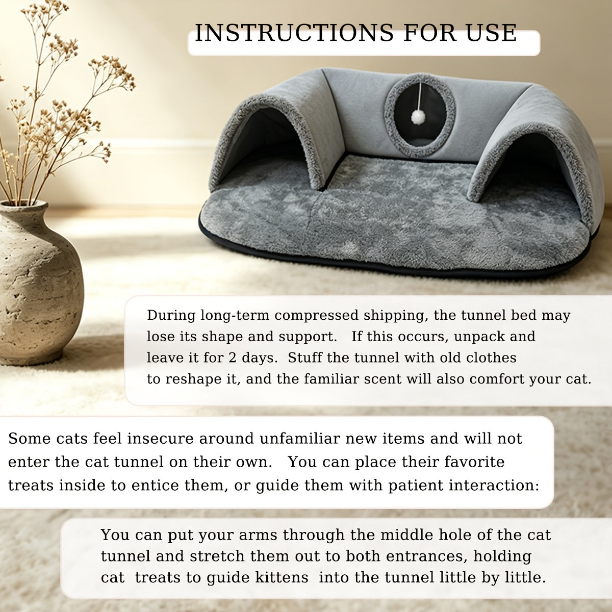 Arch Cat Tunnel Bed with Peekaboo Window and Hanging Ball, Soft Plush 2-in-1 Indoor Kitten Hideaway and Lounge Mat in Small or Large