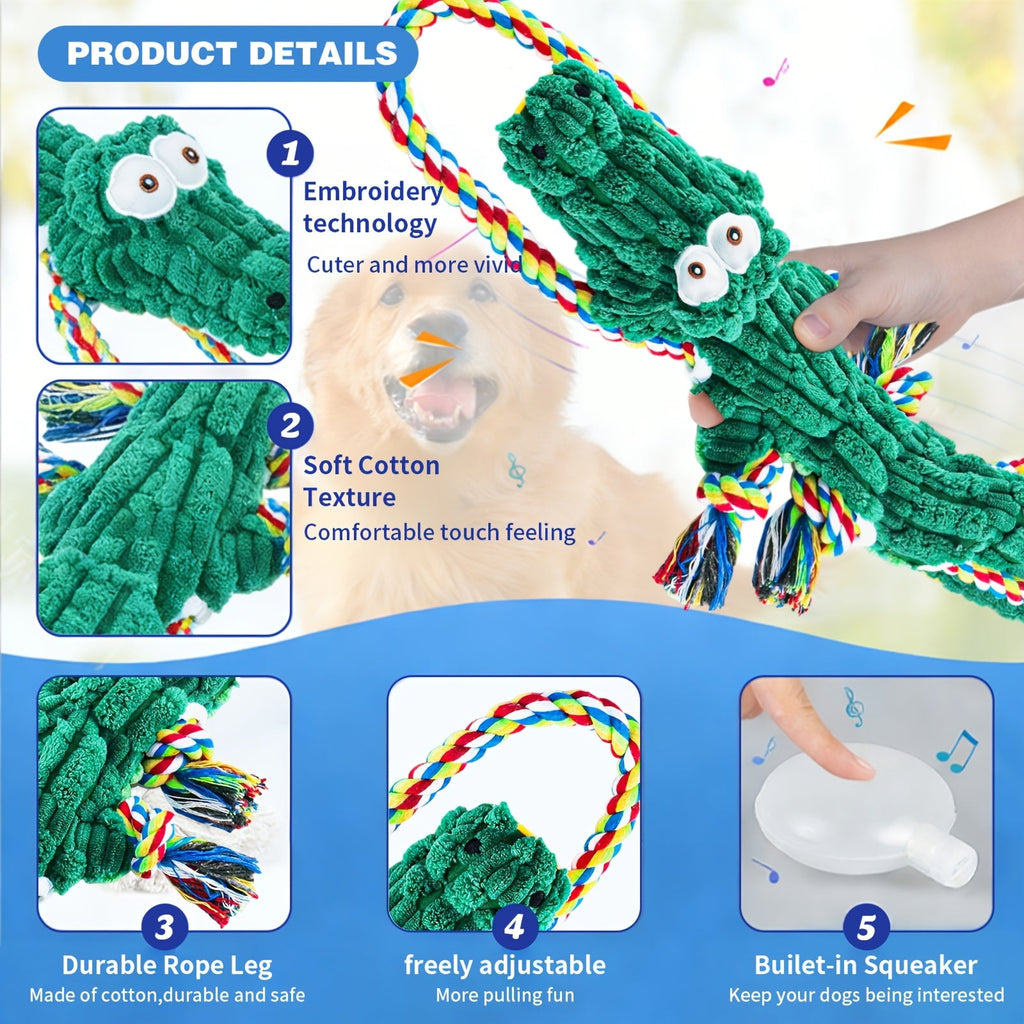 Squeaky Crocodile Rope Dog Toy in Green, Cotton Rope and Canvas Tug Toy with Two Knotted Ropes for Supervised Interactive Indoor and Outdoor Play