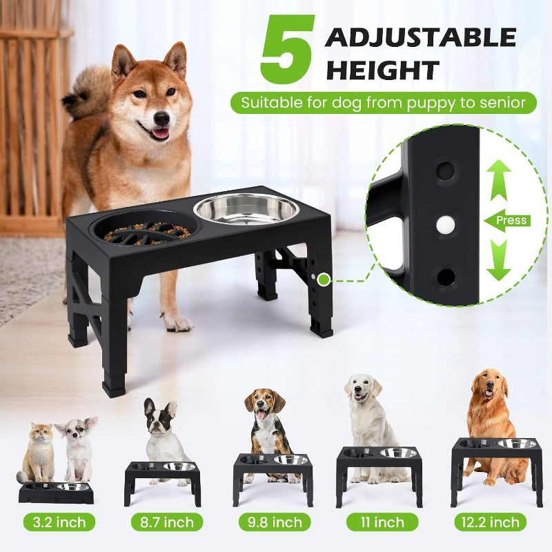Adjustable Raised Dog Bowl Set with 5 Height Settings, 2 Stainless Steel Bowls and 1 Slow Feeder for Small to Large Dogs, Black or Gray