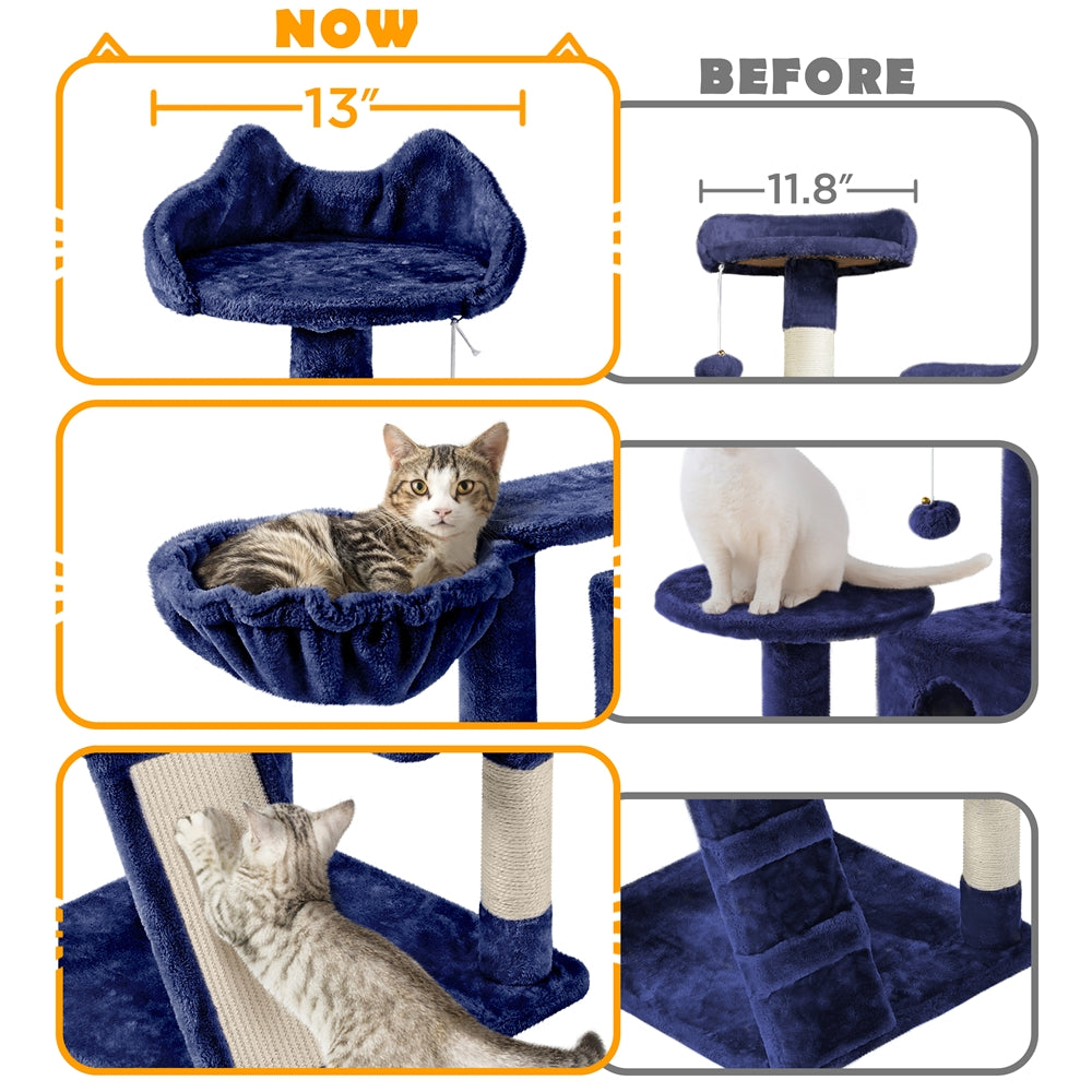 Cat Tree 57 Inch with Two Condos, Plush Multi-Level Indoor Kitten Tower with Round Platform, Ladder and Dangling Ball for Small Cats